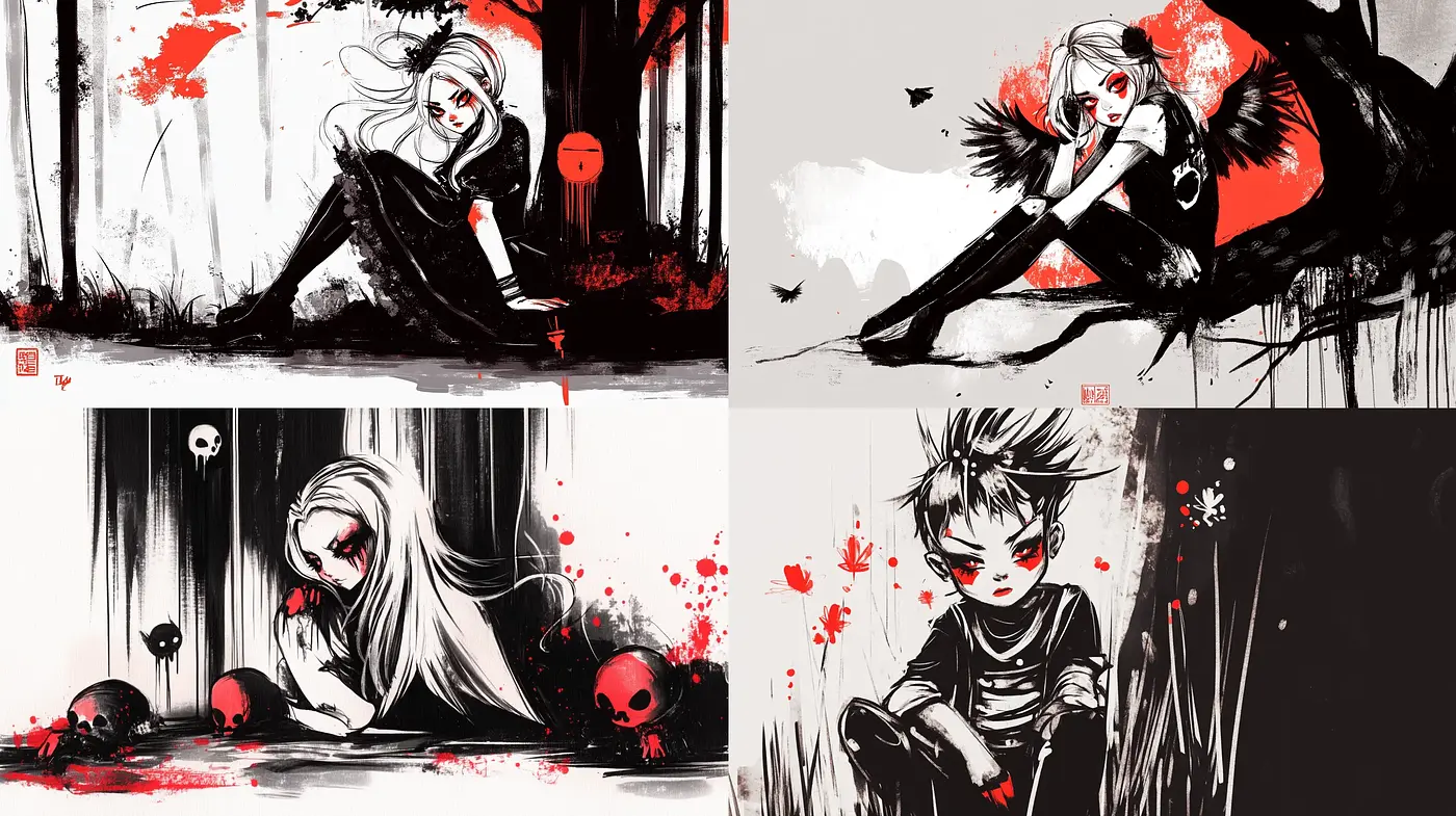 Monochrome Essence with Crimson Accents: A Study in Splash Art - Midjourney sref style