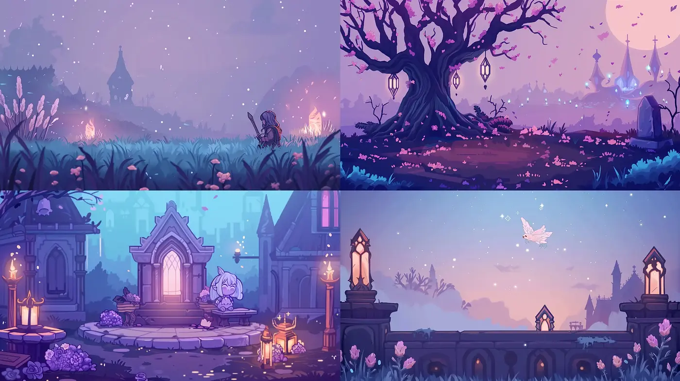 Enchanted Twilight Dreamscapes with a Lyrical Video Game Aesthetic - Midjourney sref style