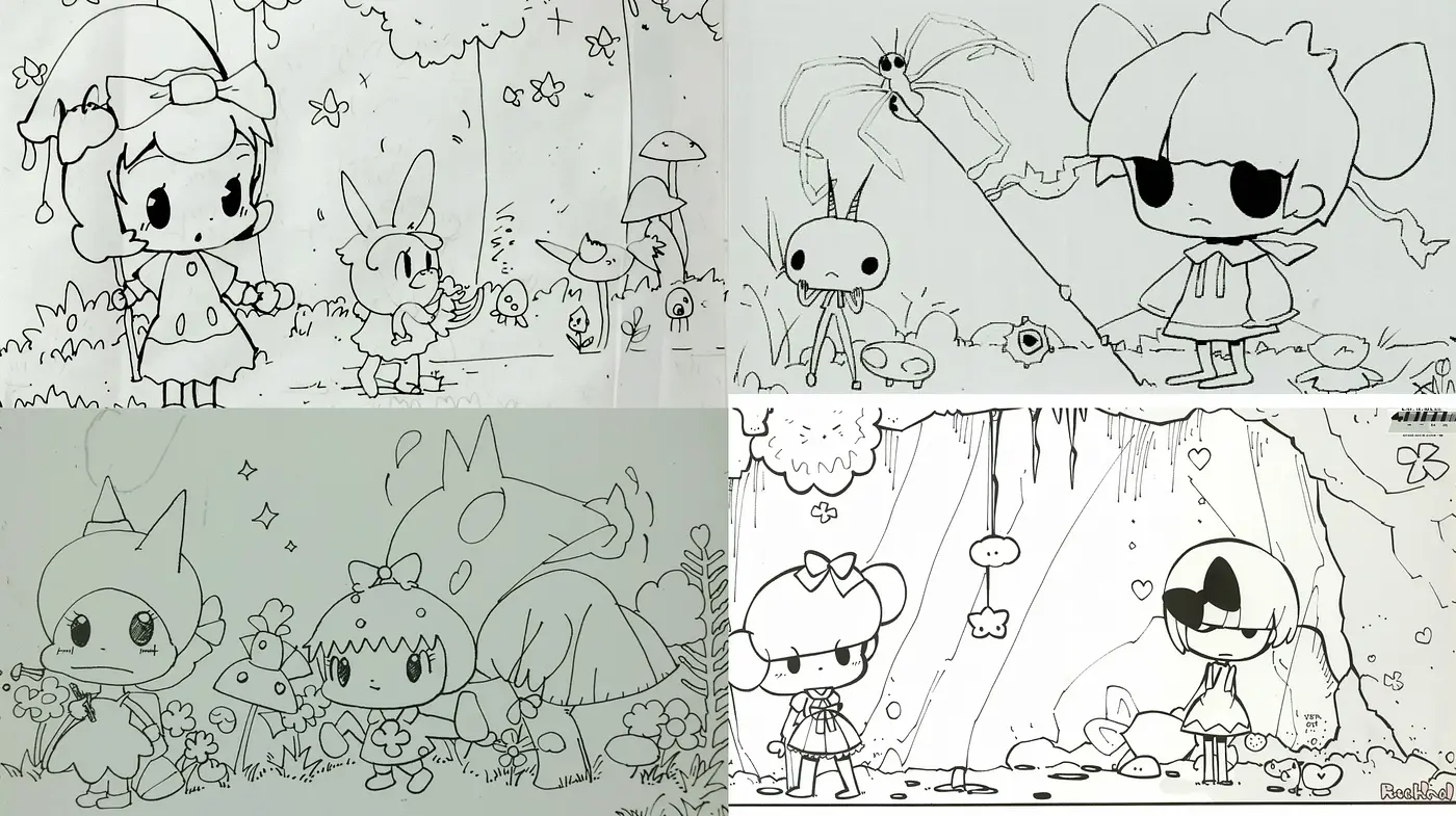 Monochromatic Storybook Whimsy in Pen and Ink - Midjourney sref style