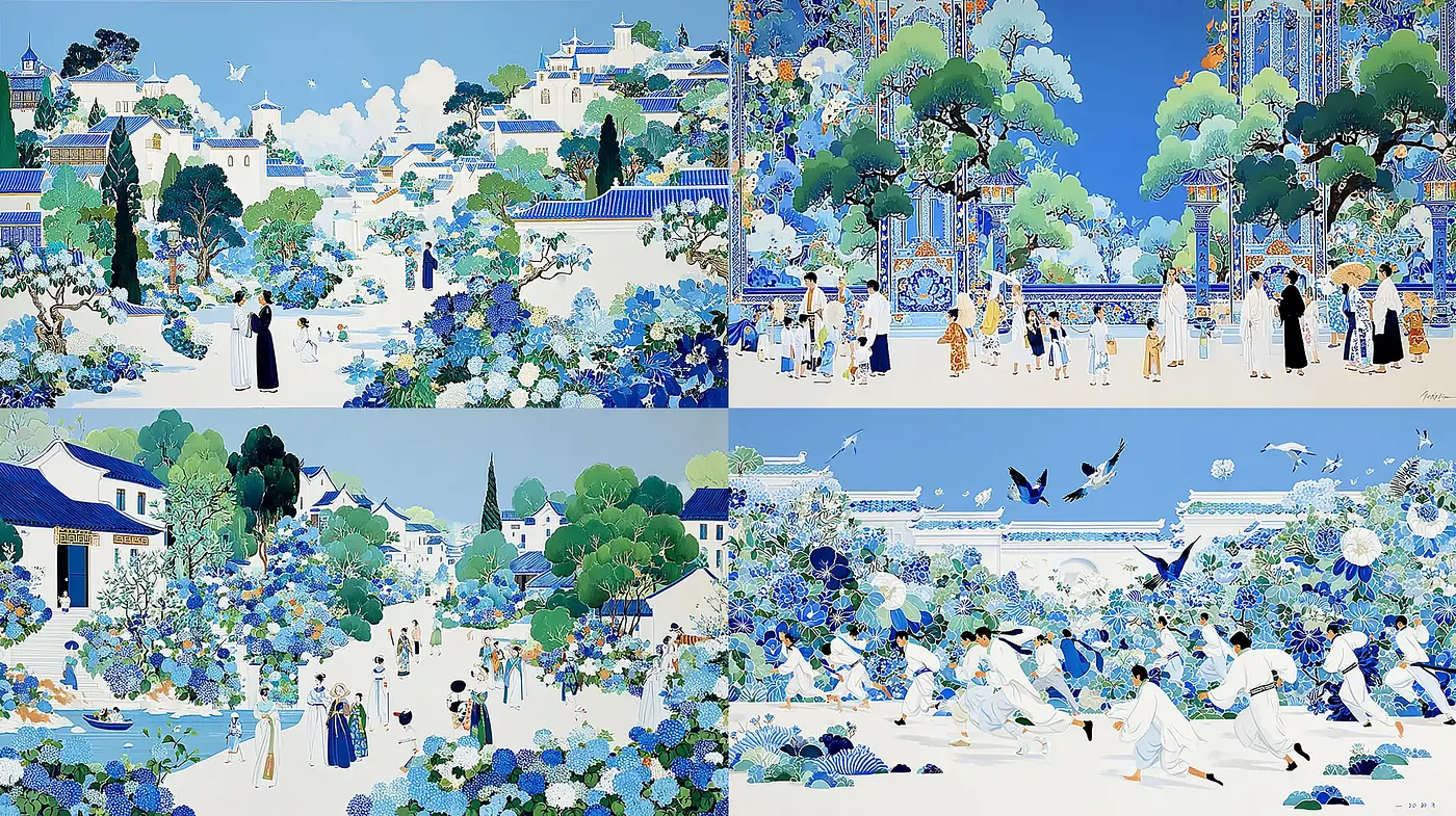 Tranquil Blue Landscapes with Lush Botanicals and Harmonious Figures - Midjourney sref style