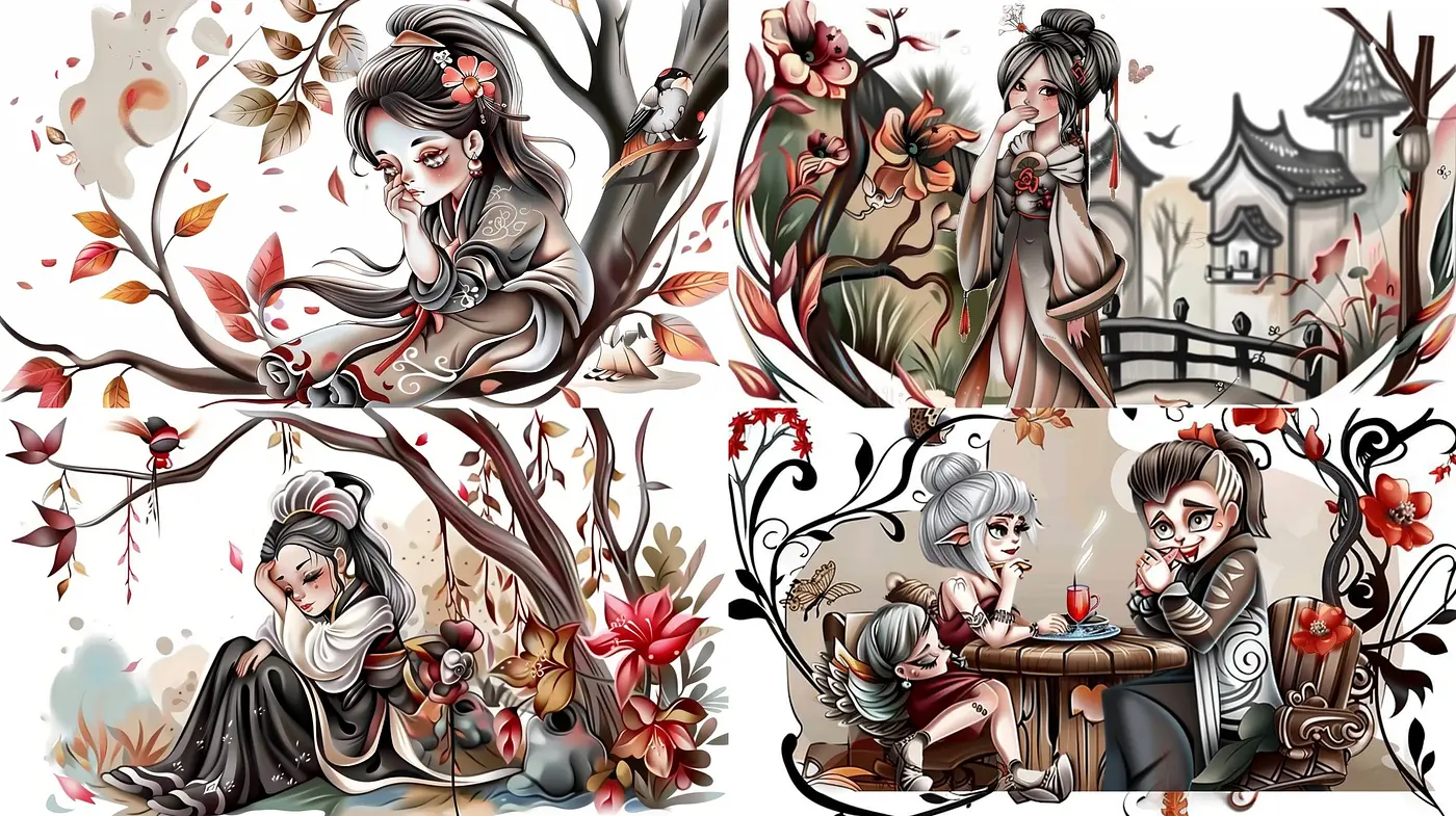 Ethereal Elegance in Monochromatic Bloom: A Synthesis of Stylized Nature and Graceful Figures - Midjourney sref style