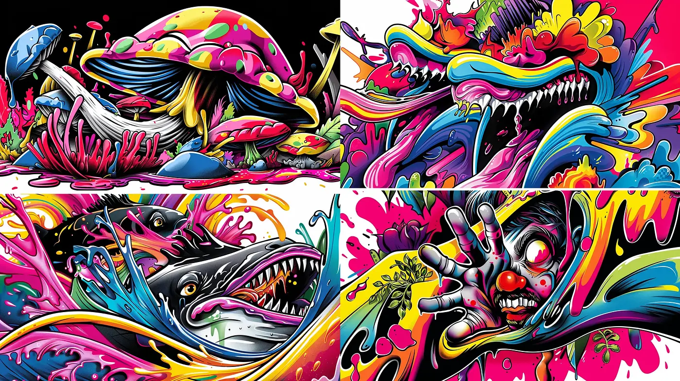 Psychedelic Splash: Vivid Colors Meets Surrealist Forms - Midjourney sref style