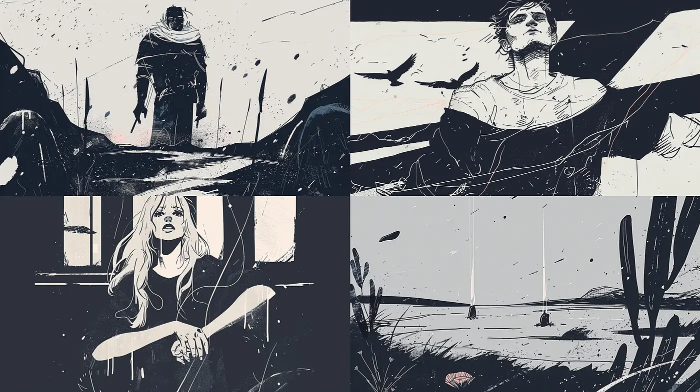 Monochromatic Graphic Novel Elegance - Midjourney sref style