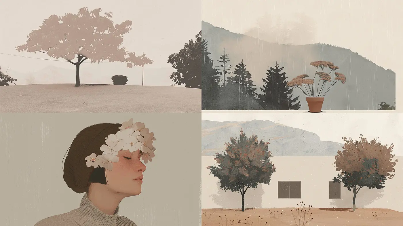Subdued Earthy Tones in Stylized Serene Visions - Midjourney sref style