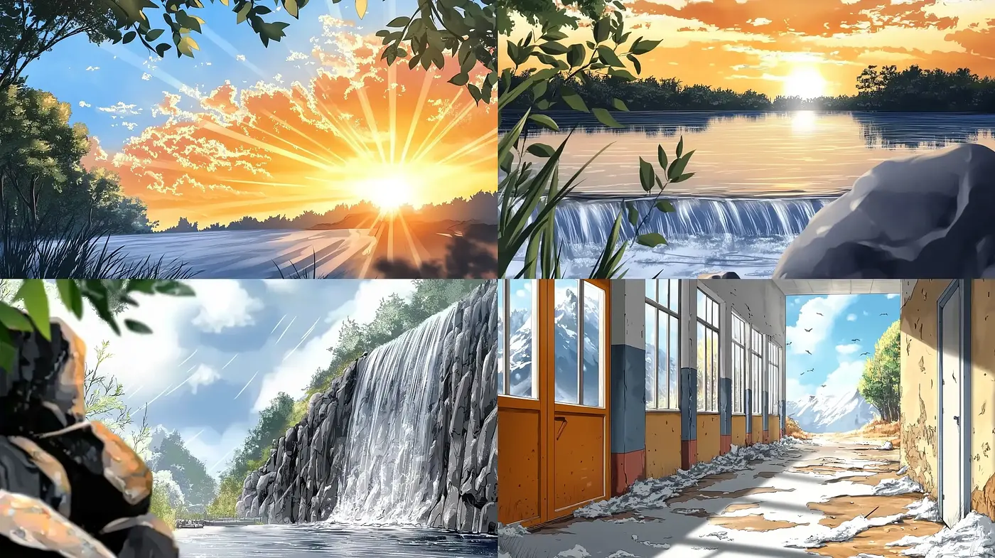 Luminous Nature and Abandoned Structures: A Harmonious Blend of Vivid Anime-inspired Environments - Midjourney sref style