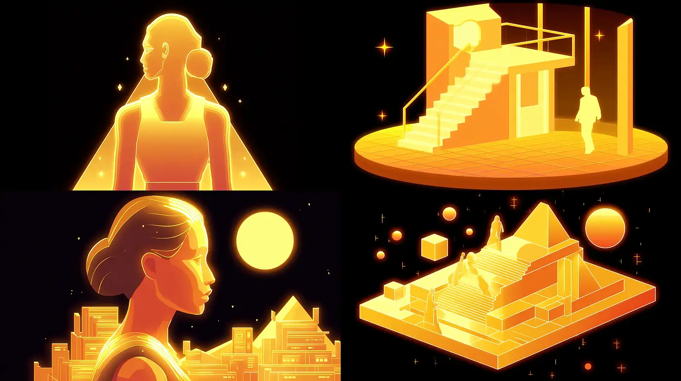 Stunning Golden Minimalism with Futuristic Architecture and Stylized Figures - Midjourney sref style