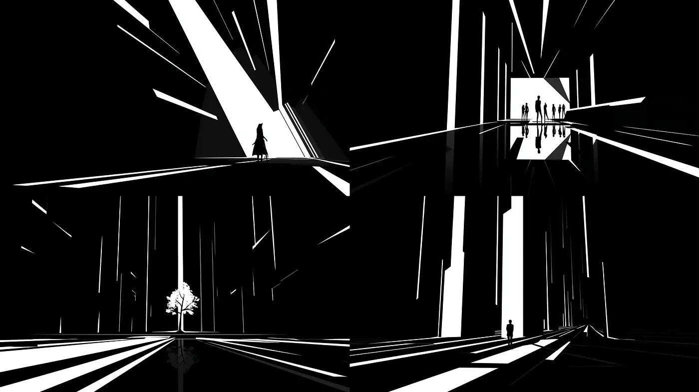 Dynamic Monochrome Geometric Composition with Stark Contrasts - Midjourney sref style