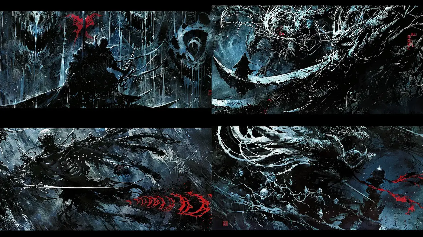 Dark, atmospheric illustrations with eerie elements inspired by contemporary horror themes - Midjourney sref style