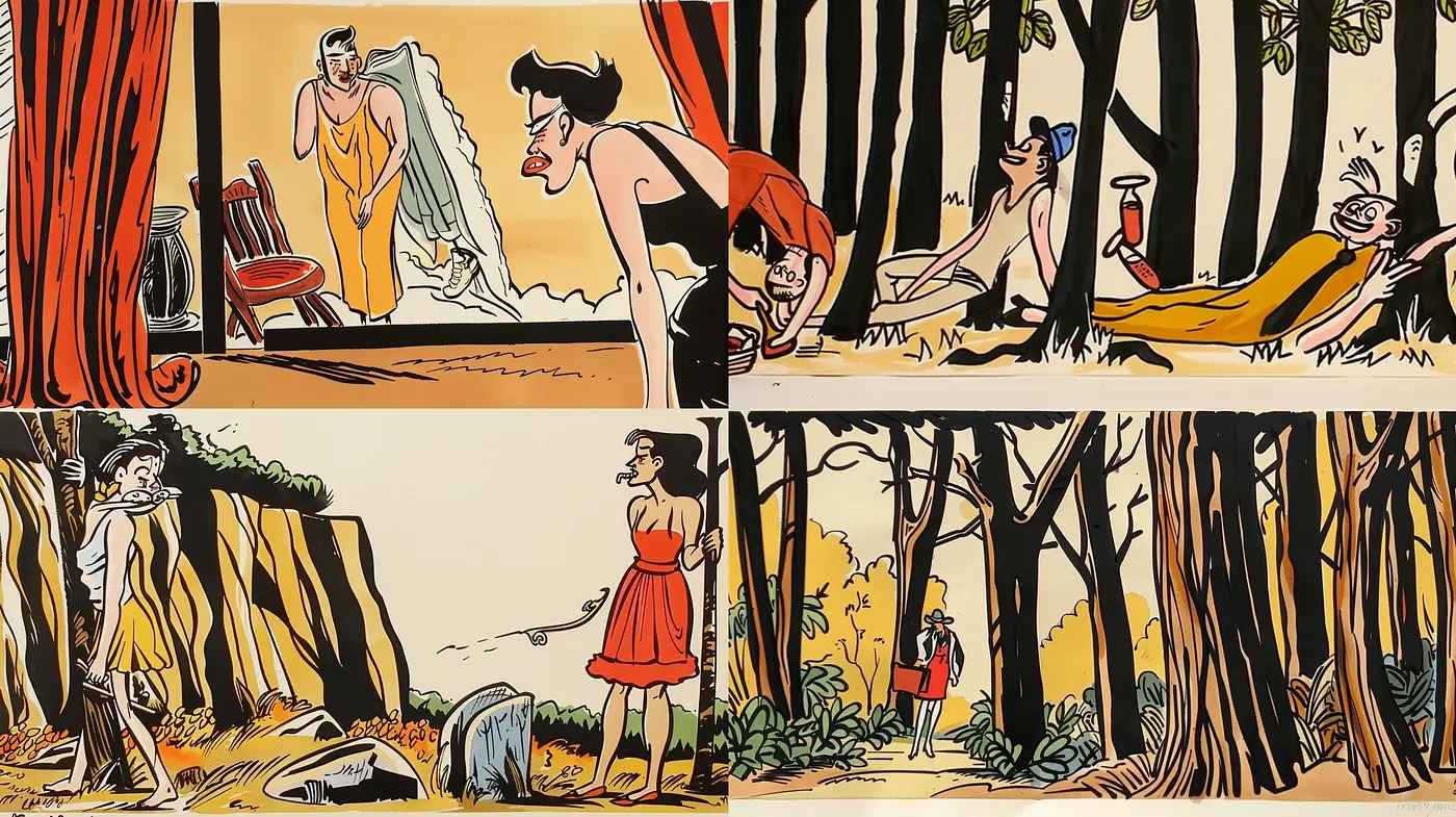 Whimsical Forest Comic Strips with a Vintage Animation Flair - Midjourney sref style