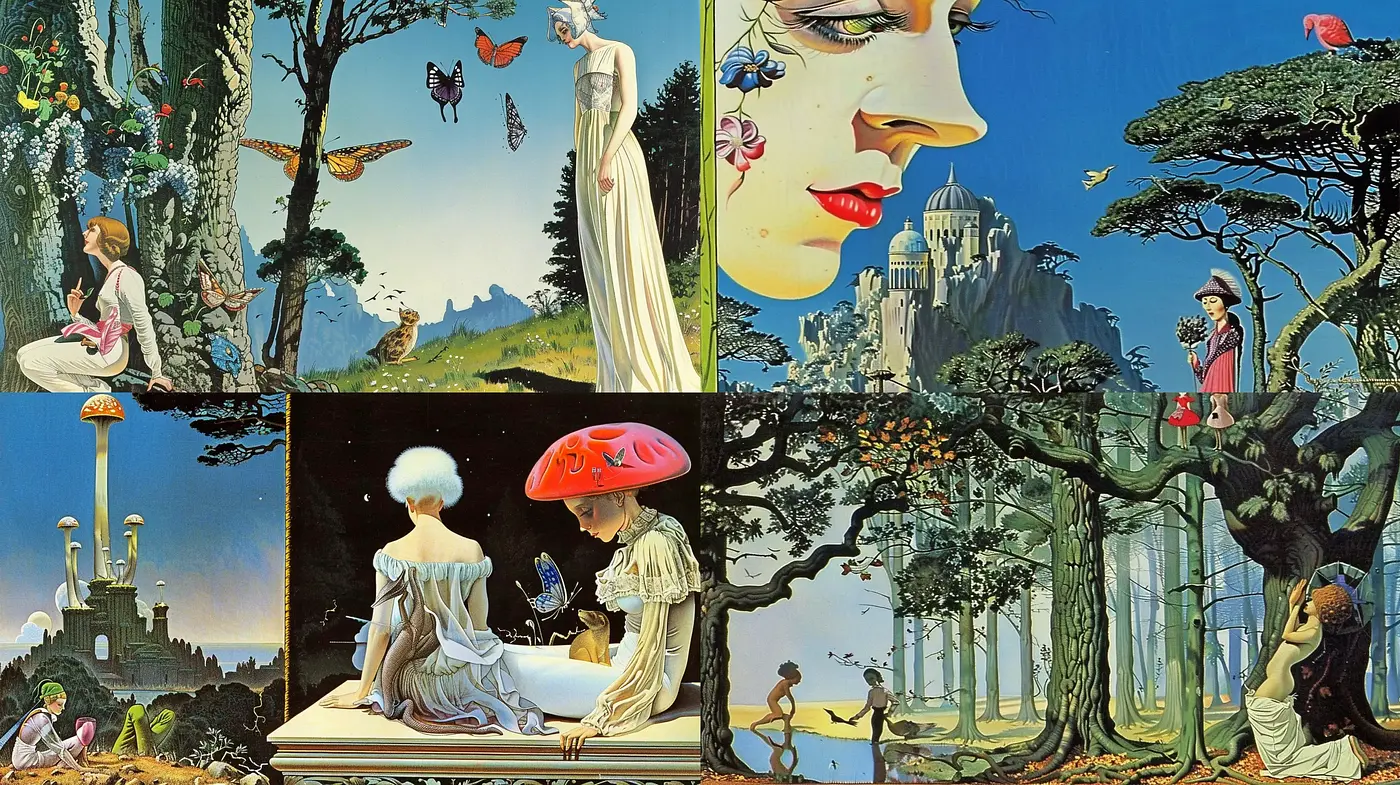 Ethereal Dreamscape Fusion: A Blending of Surrealist Fantasy and Vibrant Imagery - Midjourney sref style