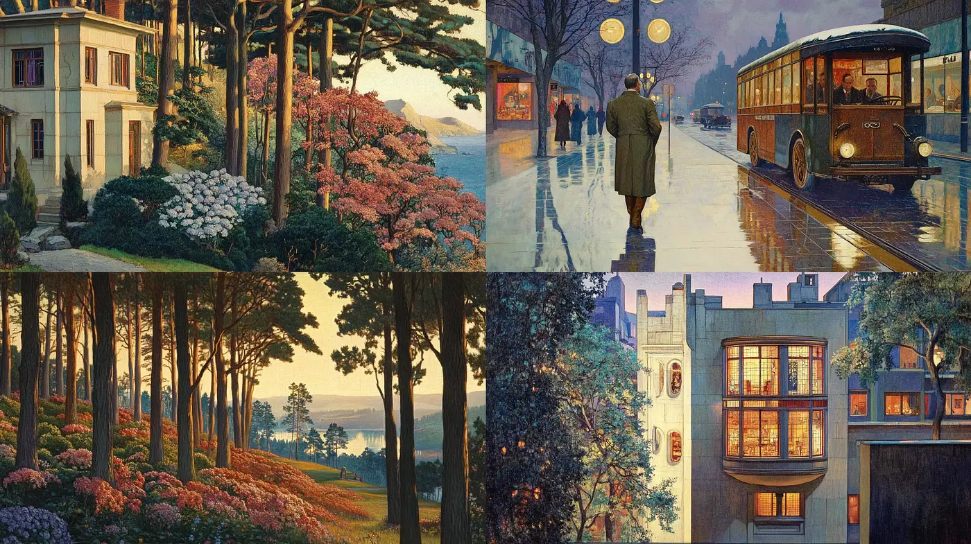 Twilight Ambience in Stylized Vintage Tableaus - Midjourney sref style