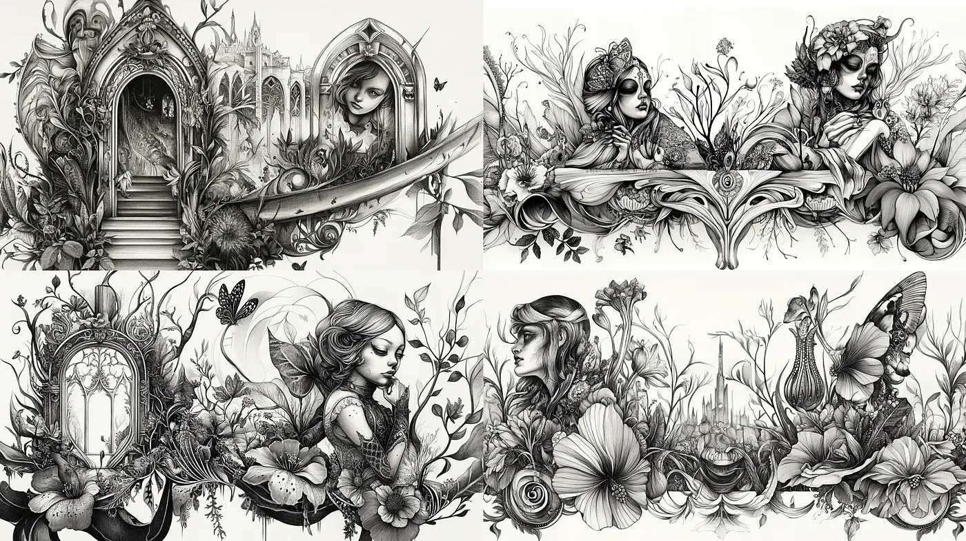 Monochromatic Enchantment: An Art Nouveau-Inspired Floral Symphony - Midjourney sref style