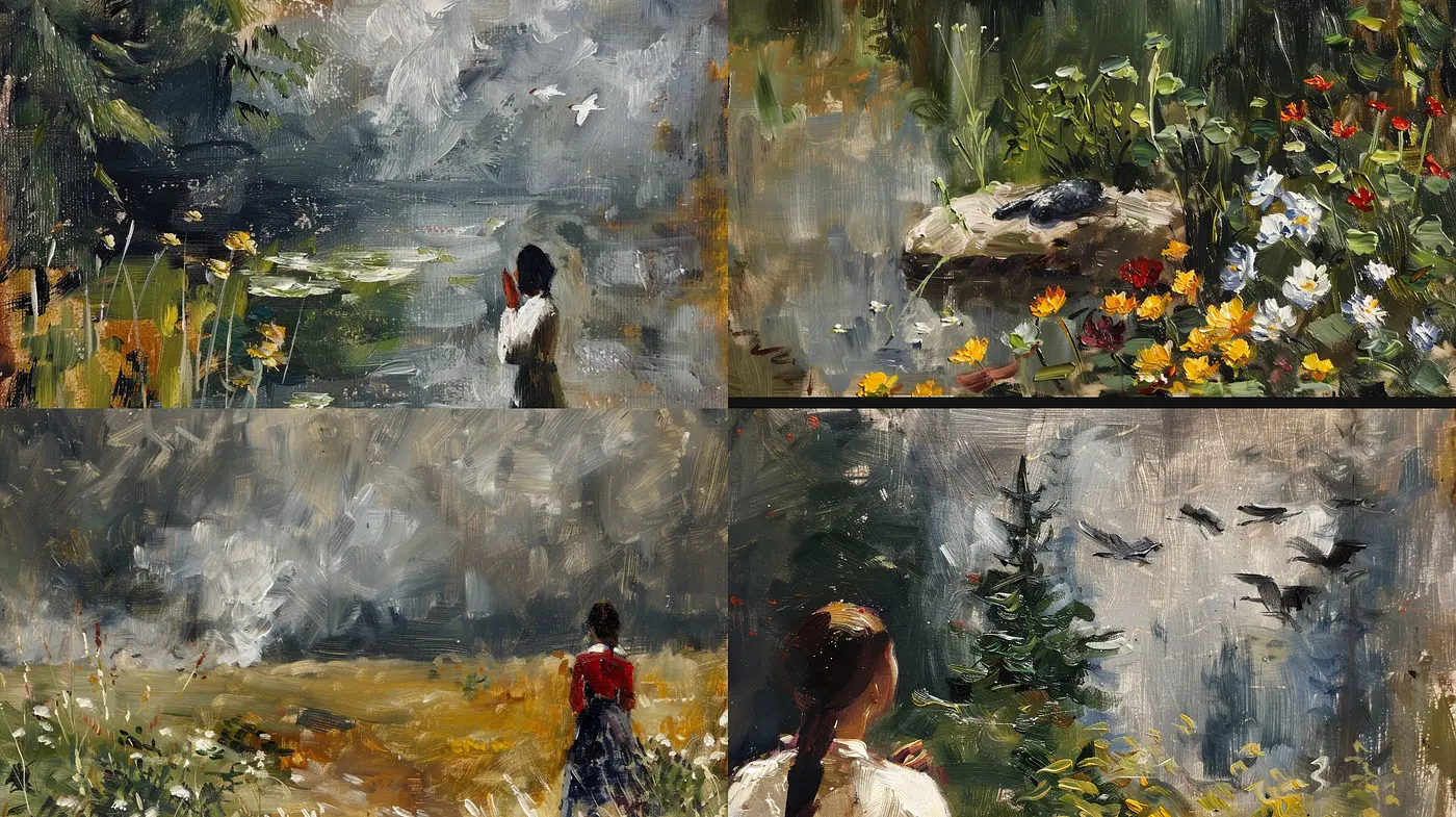 Consistent Elements in Diverse Displays of Brushstroke Narratives - Midjourney sref style