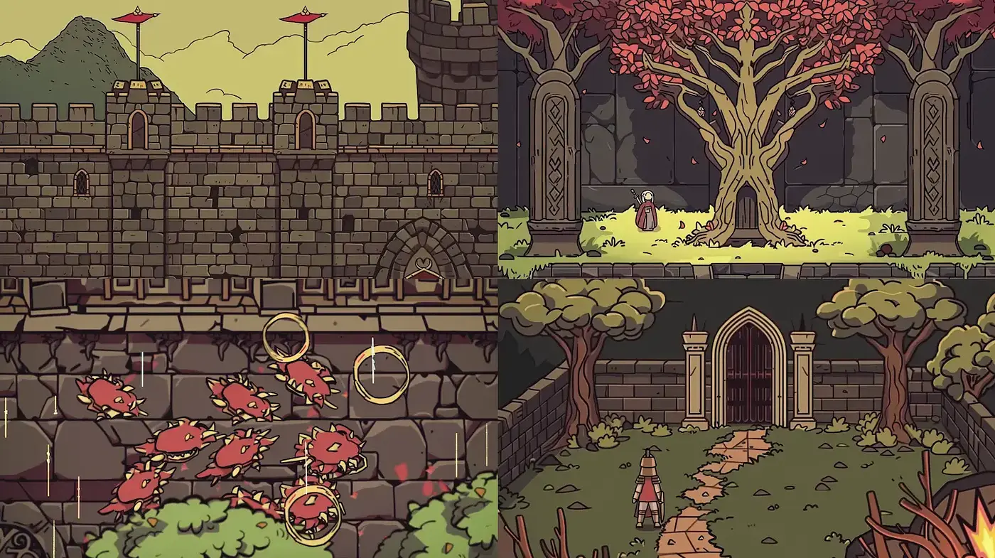 Whimsical Narrative Landscapes with Bold Linework and Vibrant Nature - Midjourney sref style