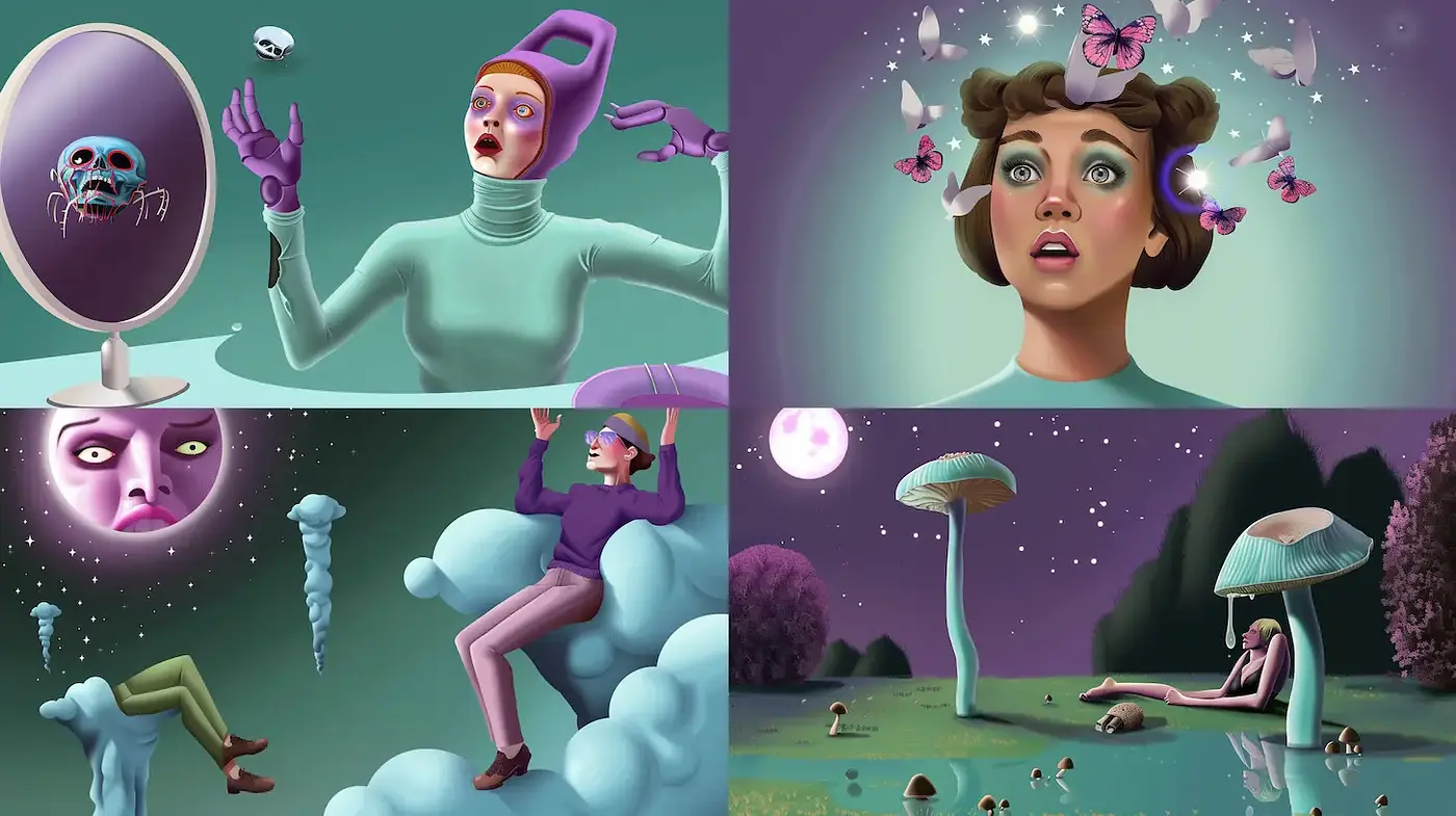 Surreal, dreamlike illustrations with a modern twist - Midjourney sref style