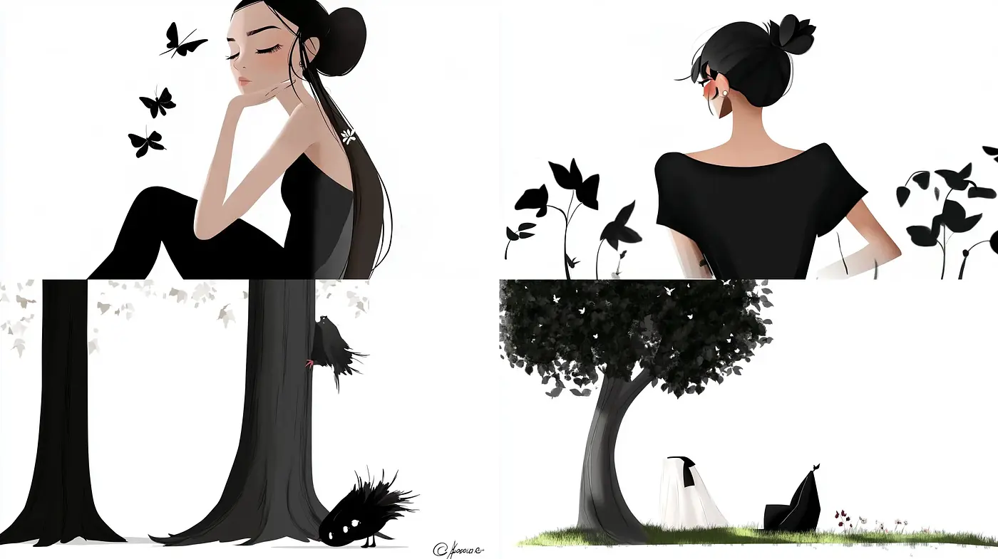 Monochromatic Elegance with Botanical Silhouettes - Midjourney sref style