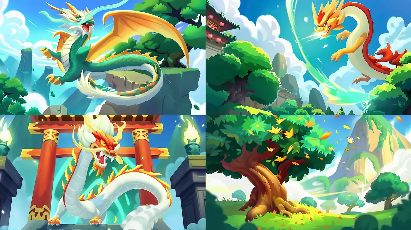 Whimsical, vibrant fantasy landscape featuring dragon imagery - Midjourney sref style