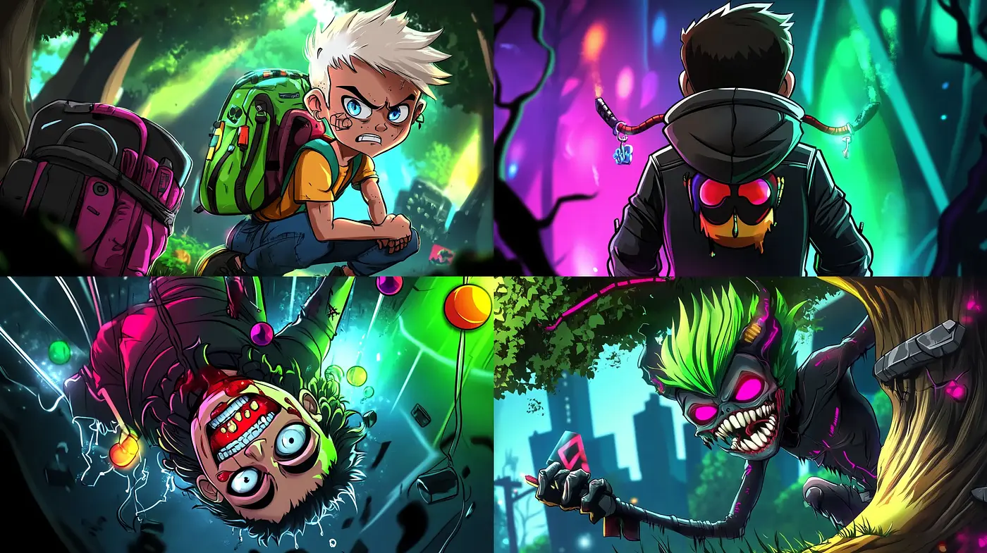 High-Energy Animated Adventures in Vivid Chromatic Ambiances - Midjourney sref style