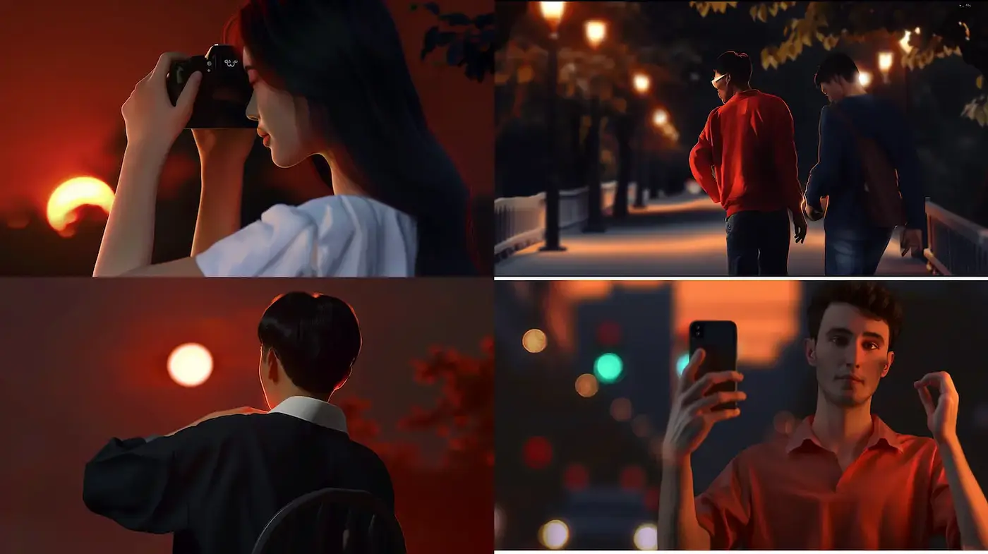 Consistent Elements Across Digital Artworks Featuring Sunset Scenes and Urban Vibes - Midjourney sref style