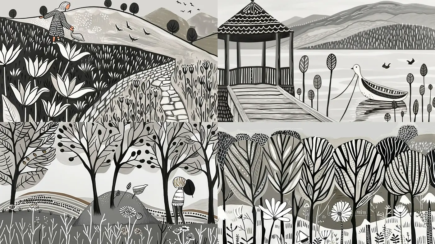 Monochromatic Serenity: A Harmonious Fusion of Nature and Whimsical Illustration - Midjourney sref style