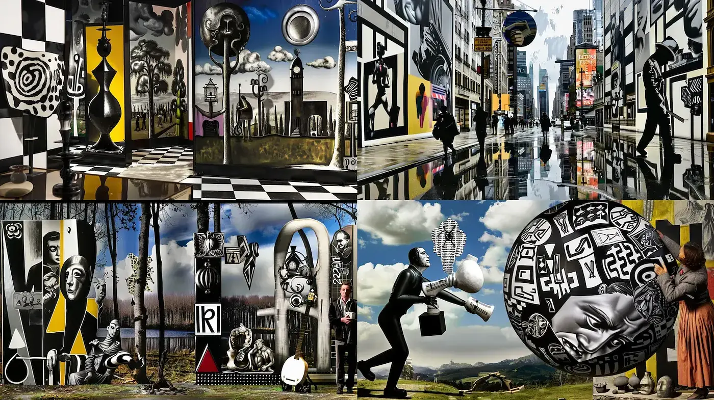 Monochromatic Urban Surrealism with Geometric Elements - Midjourney sref style