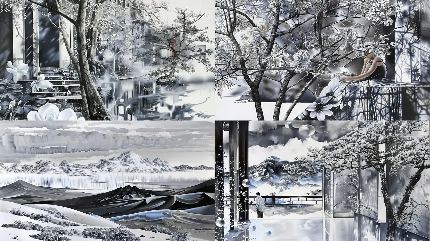 Monochrome Elegance: A Glimpse into Surreal Ink-Wash World - Midjourney sref style