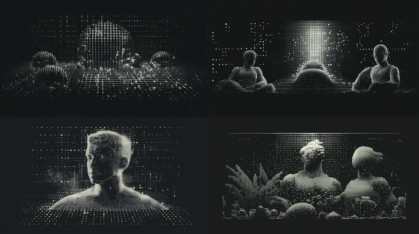 Digital Pointillism and Ethereal Visions in Monochromatic Intrigue - Midjourney sref style