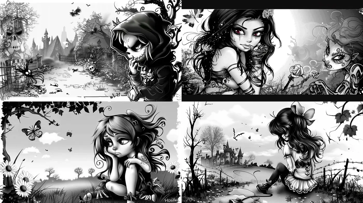 Monochrome Whimsy: Gothic Elegance Meets Dark Fantasy in Stylized Illustrations - Midjourney sref style
