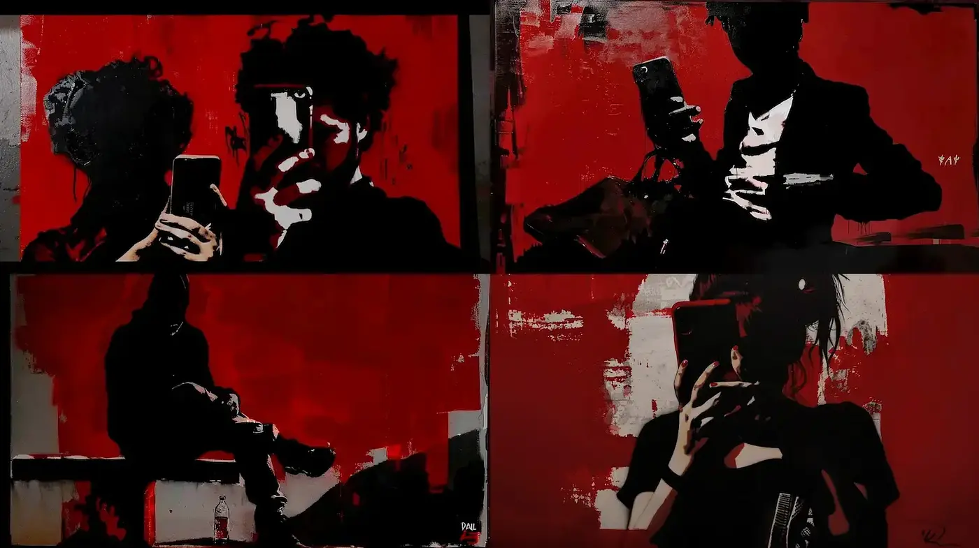 Dynamic Exploration of Isolation in Bold Red and Black - Midjourney sref style