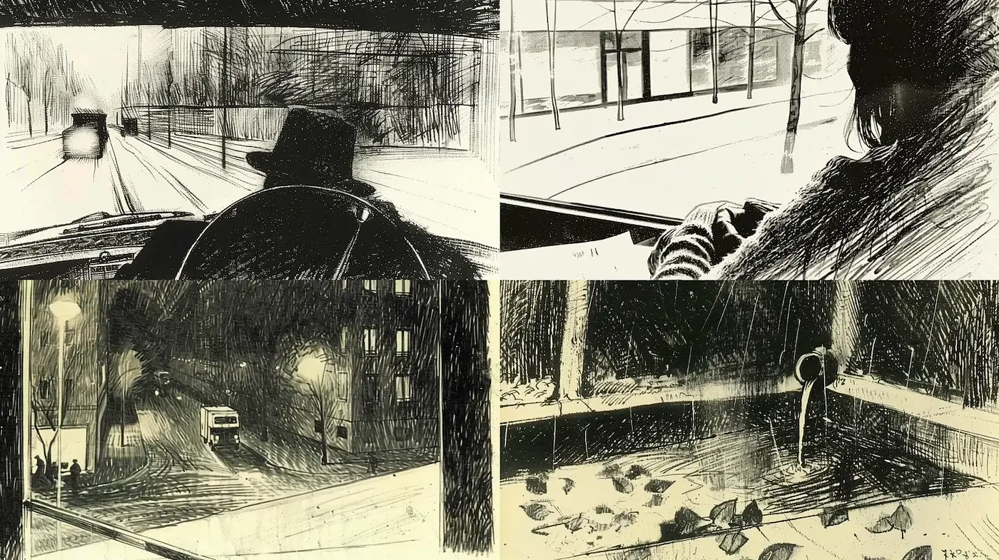 Moody monochromatic urban scenes with expressive brushwork - Midjourney sref style