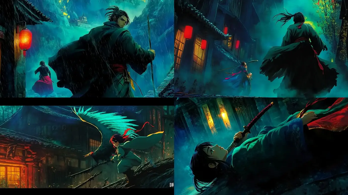 Ethereal Nightscapes: A Fusion of Neon Splendor and Traditional Imagery - Midjourney sref style