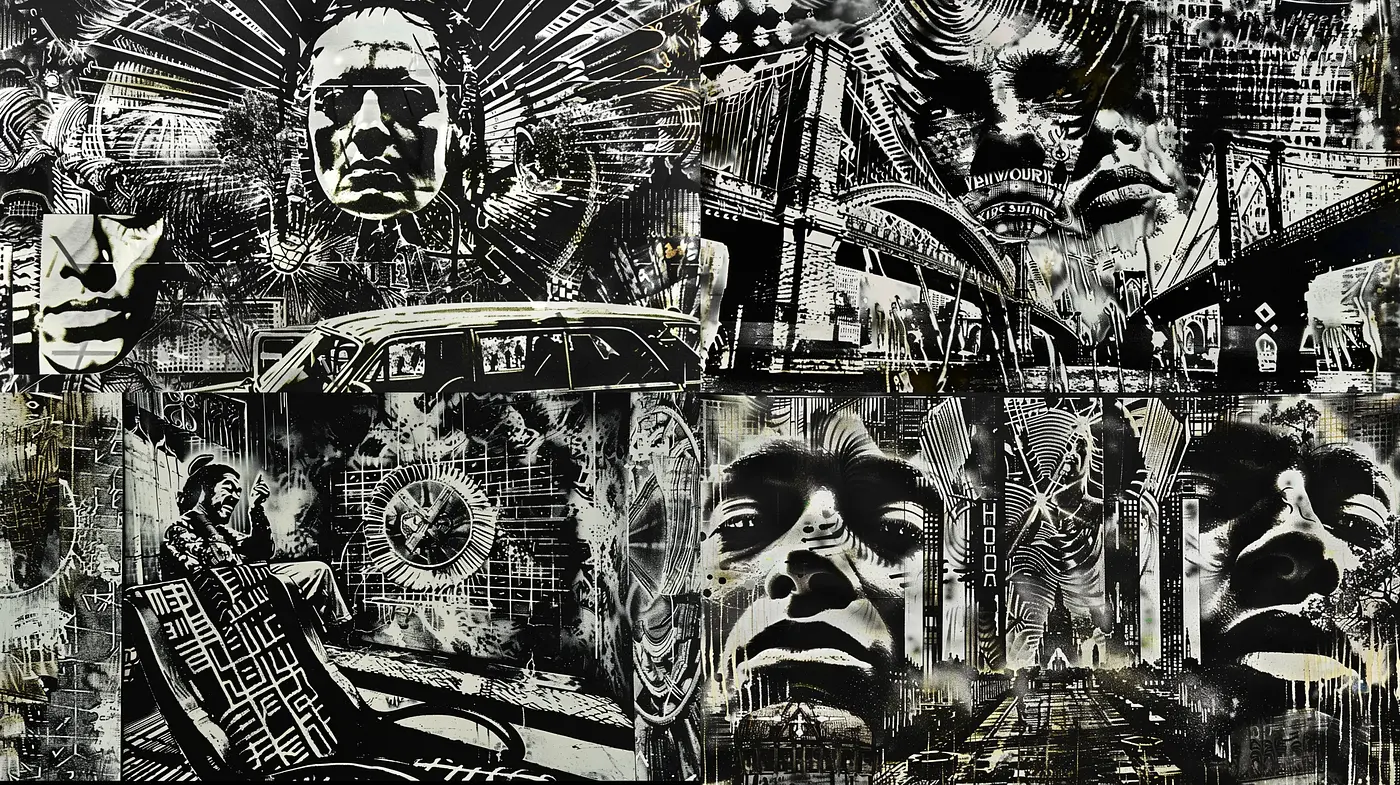 Monochromatic Neo-Expressionist Fusion with Street Art Overtones - Midjourney sref style