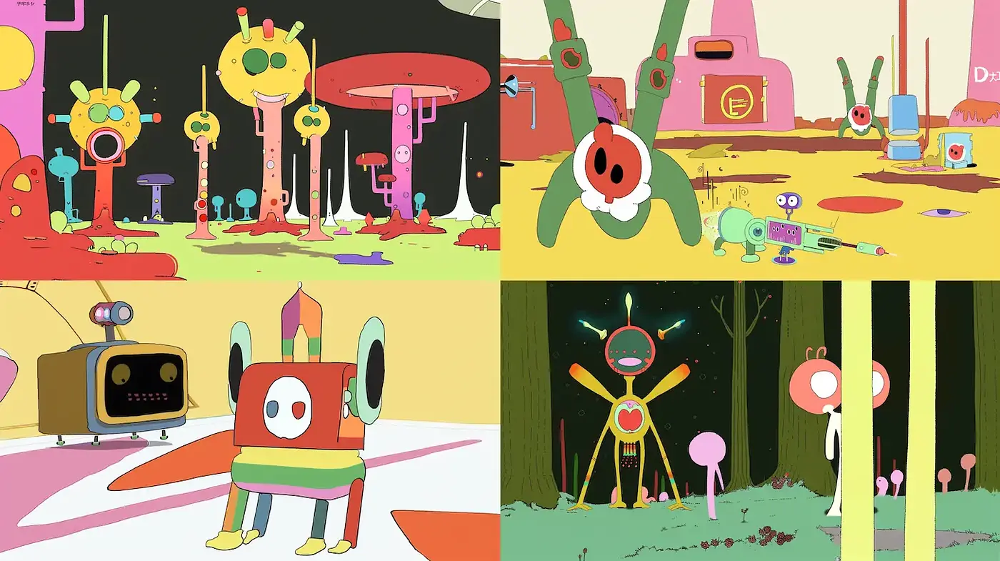 Whimsical and Playful Characters in a Surreal Landscape - Midjourney sref style