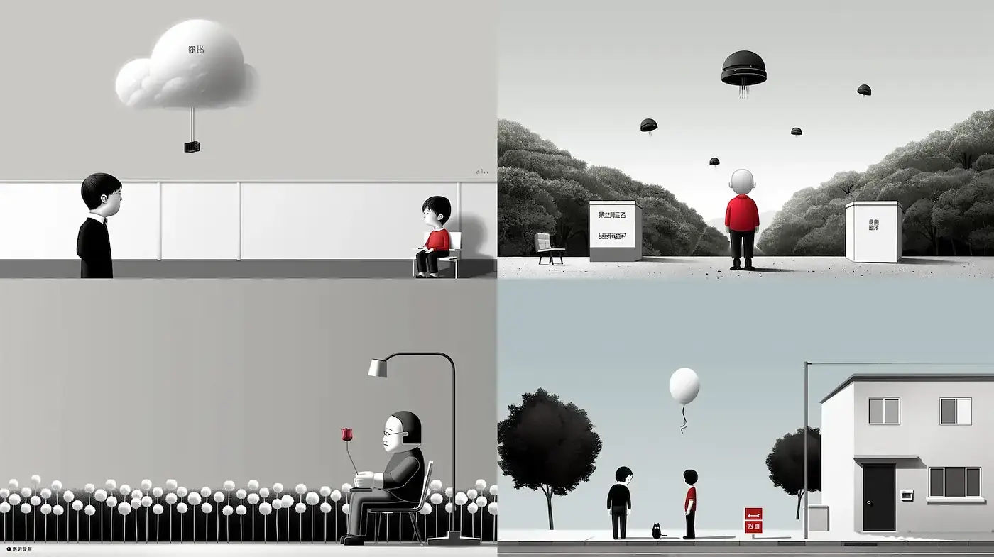 Surreal monochromatic scenes with whimsical elements - Midjourney sref style