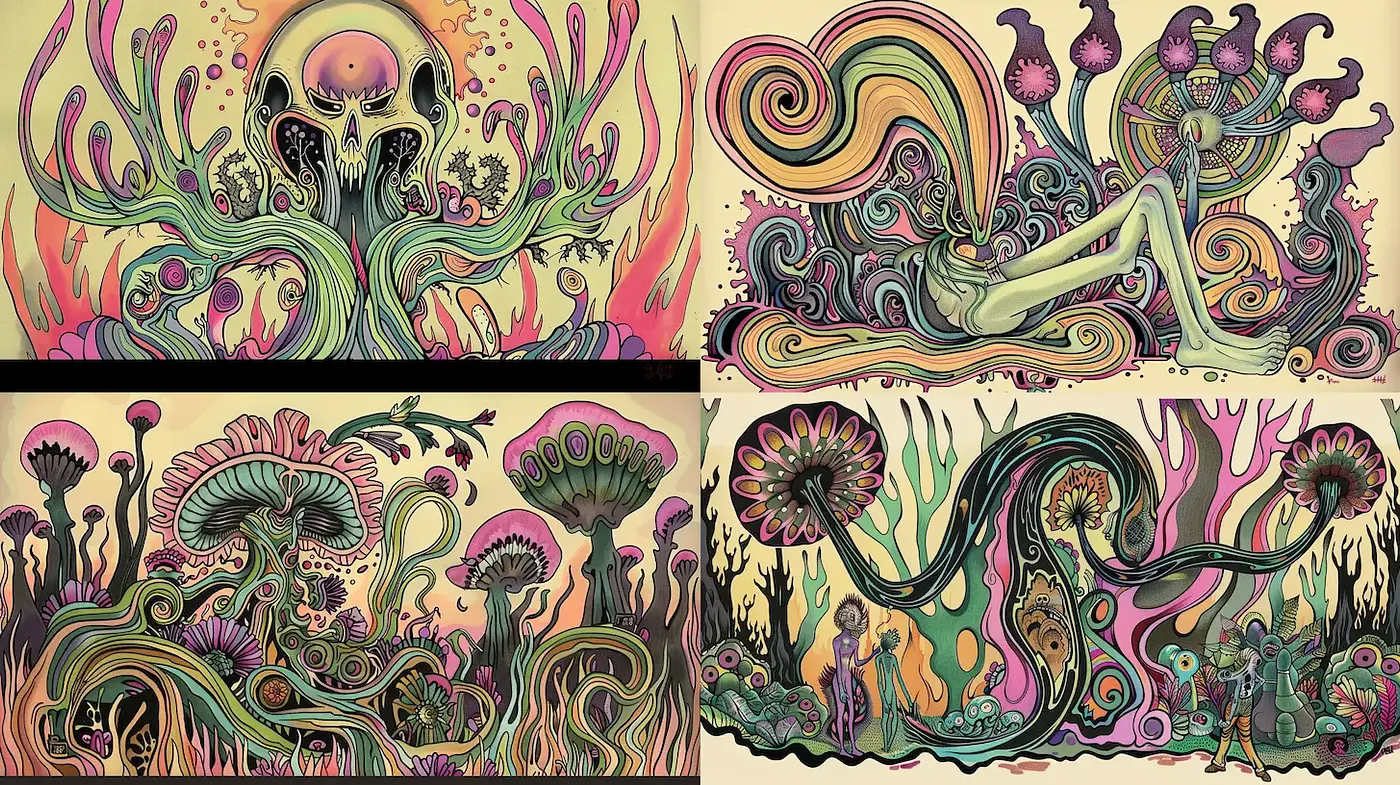 Psychedelic Wonderland with Organic Forms and Vivid Colors - Midjourney sref style