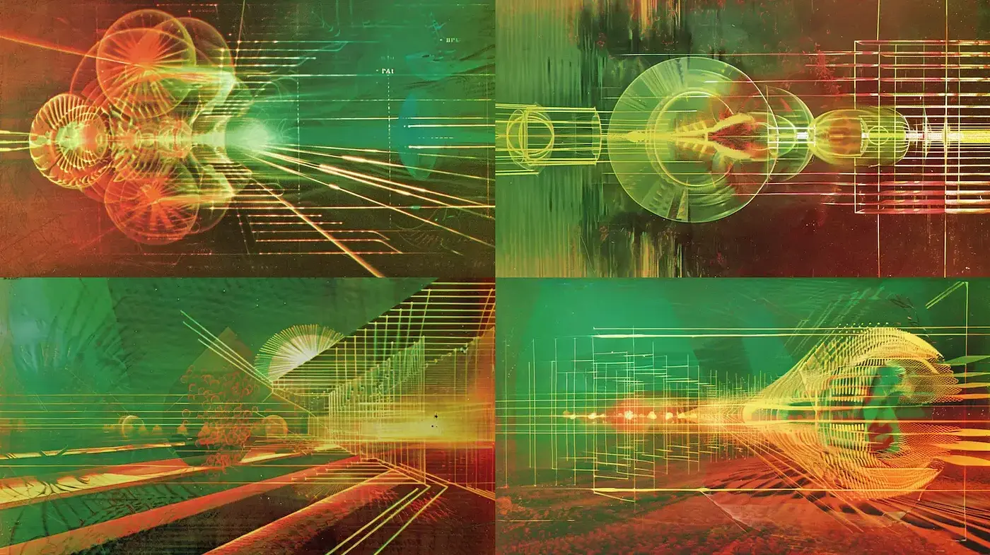 Futuristic abstract compositions with a vibrant, dynamic quality - Midjourney sref style