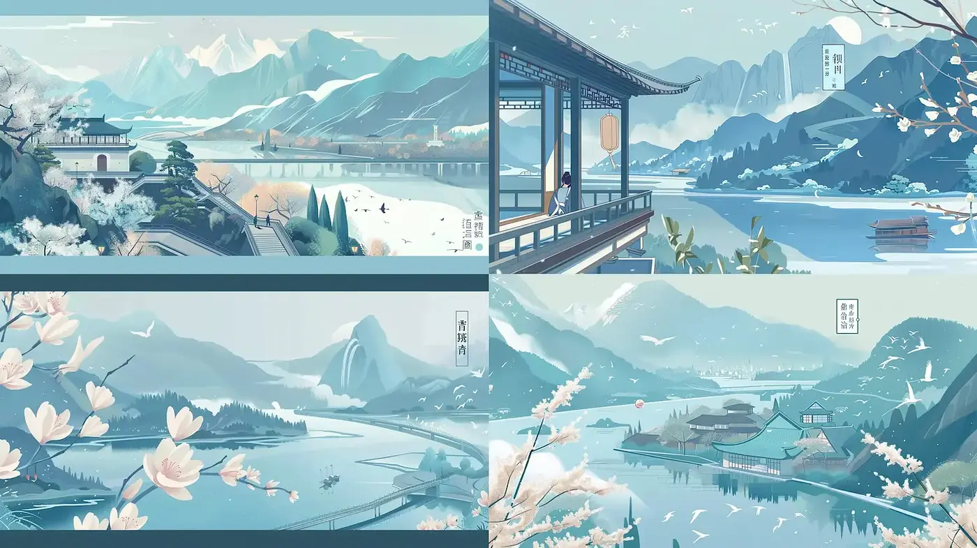 Harmonious Landscape with Serene Aesthetic Influenced by East Asian Art - Midjourney sref style