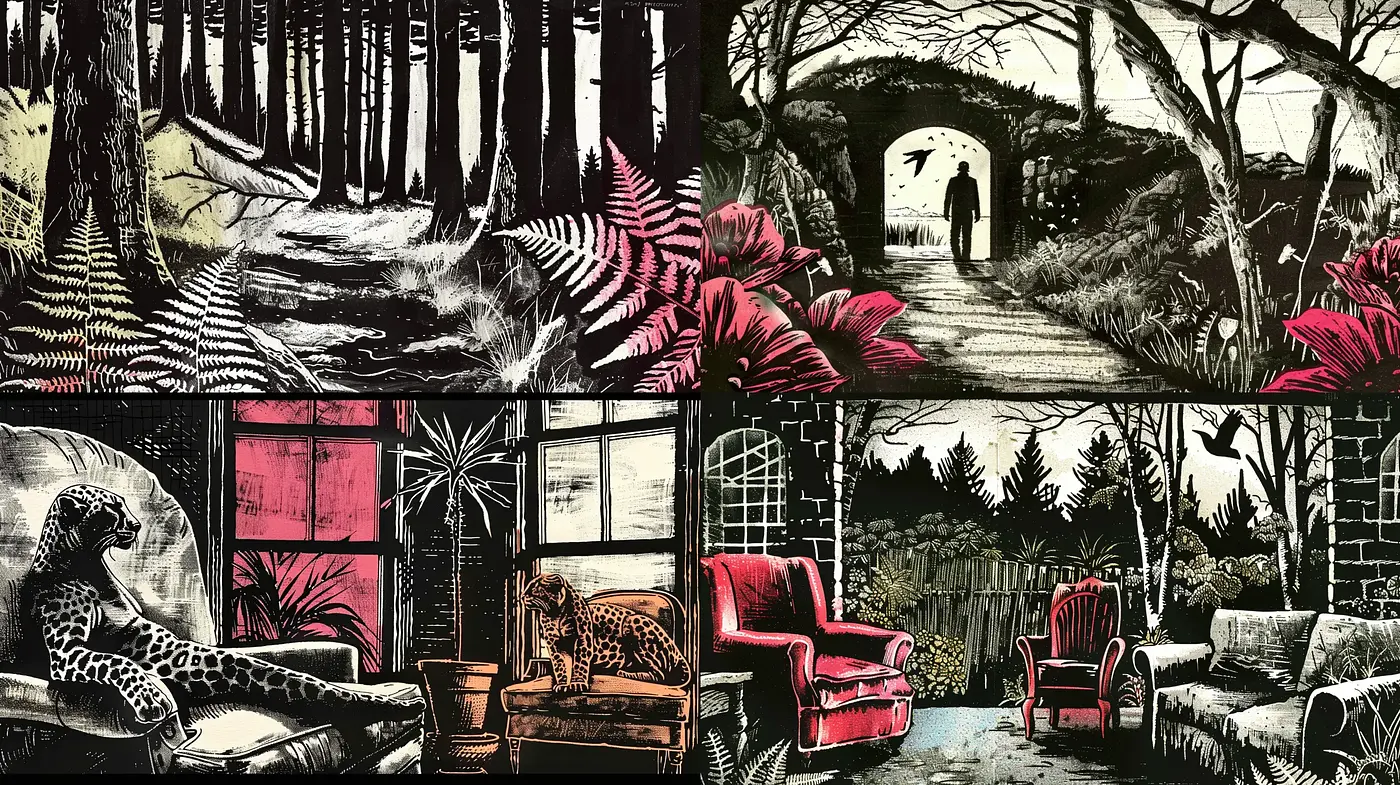 Stylized Monochromatic Nature and Domesticity with Vivid Accents - Midjourney sref style