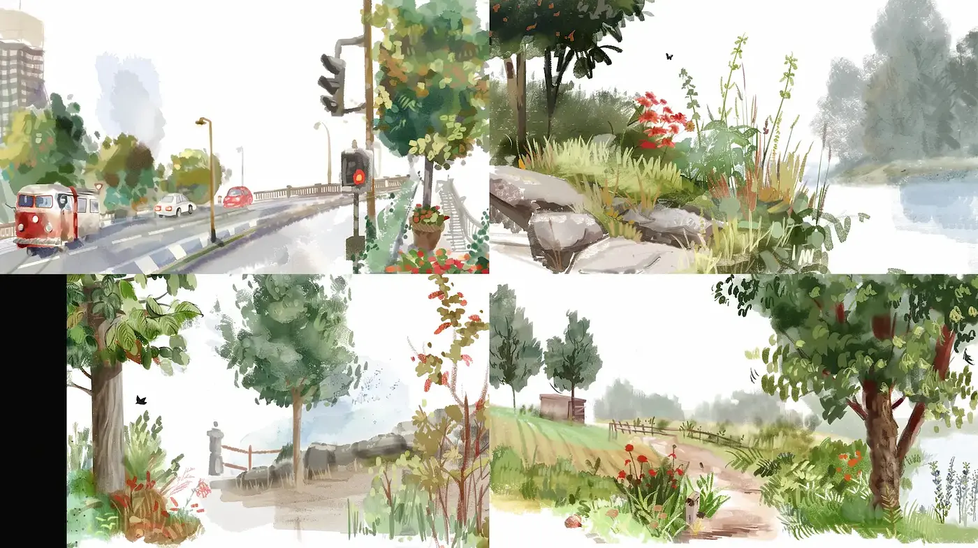 Whimsical Watercolor Landscapes with a Nostalgic Touch - Midjourney sref style
