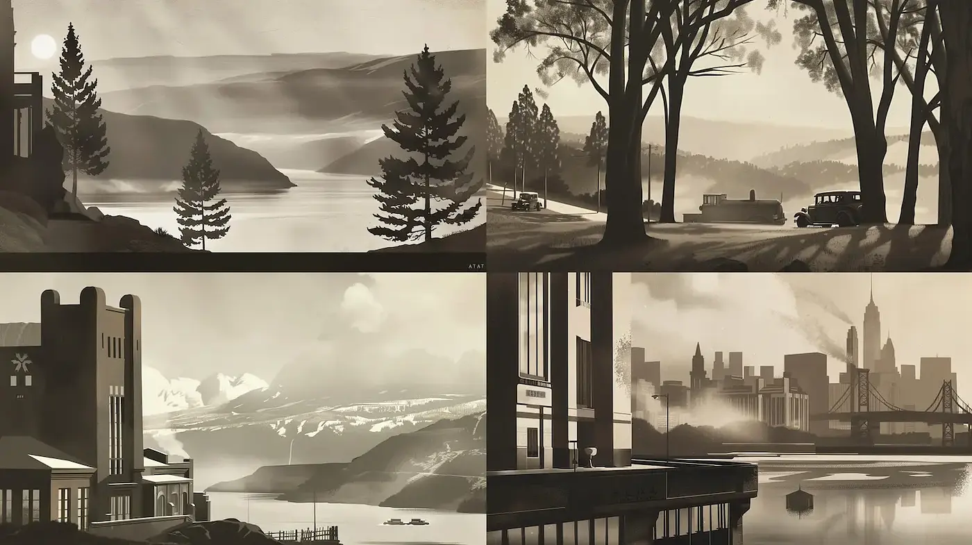 Timeless Art Deco Landscapes with a Serene and Elegant Ambiance - Midjourney sref style
