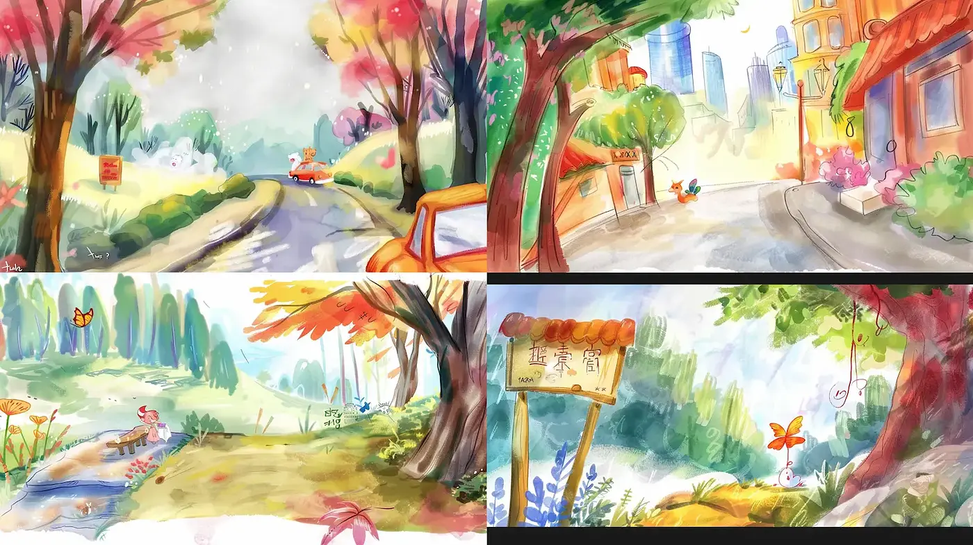Charming, whimsical landscapes with a watercolor aesthetic - Midjourney sref style