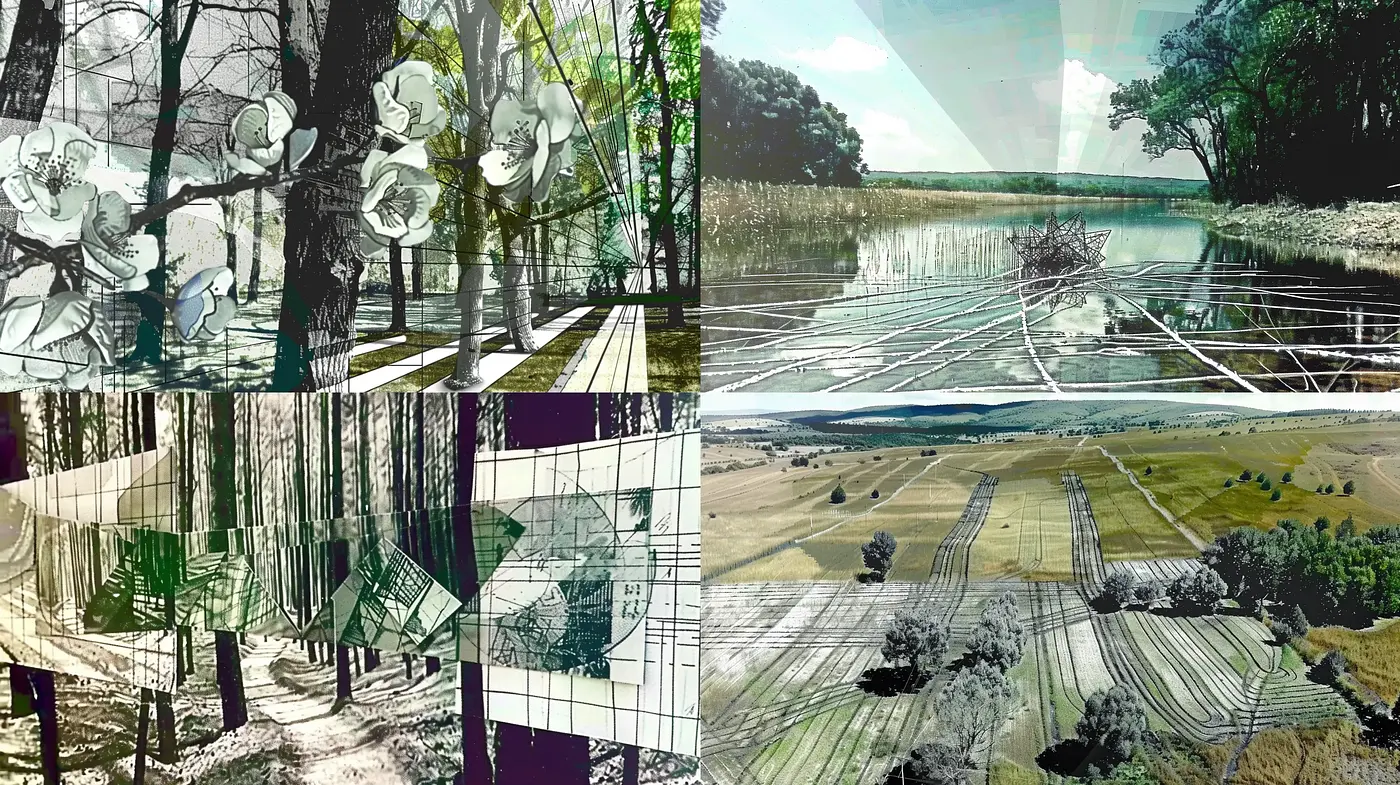 Patchwork Panorama: A Tapestry of Textured Landscapes and Stylized Nature - Midjourney sref style