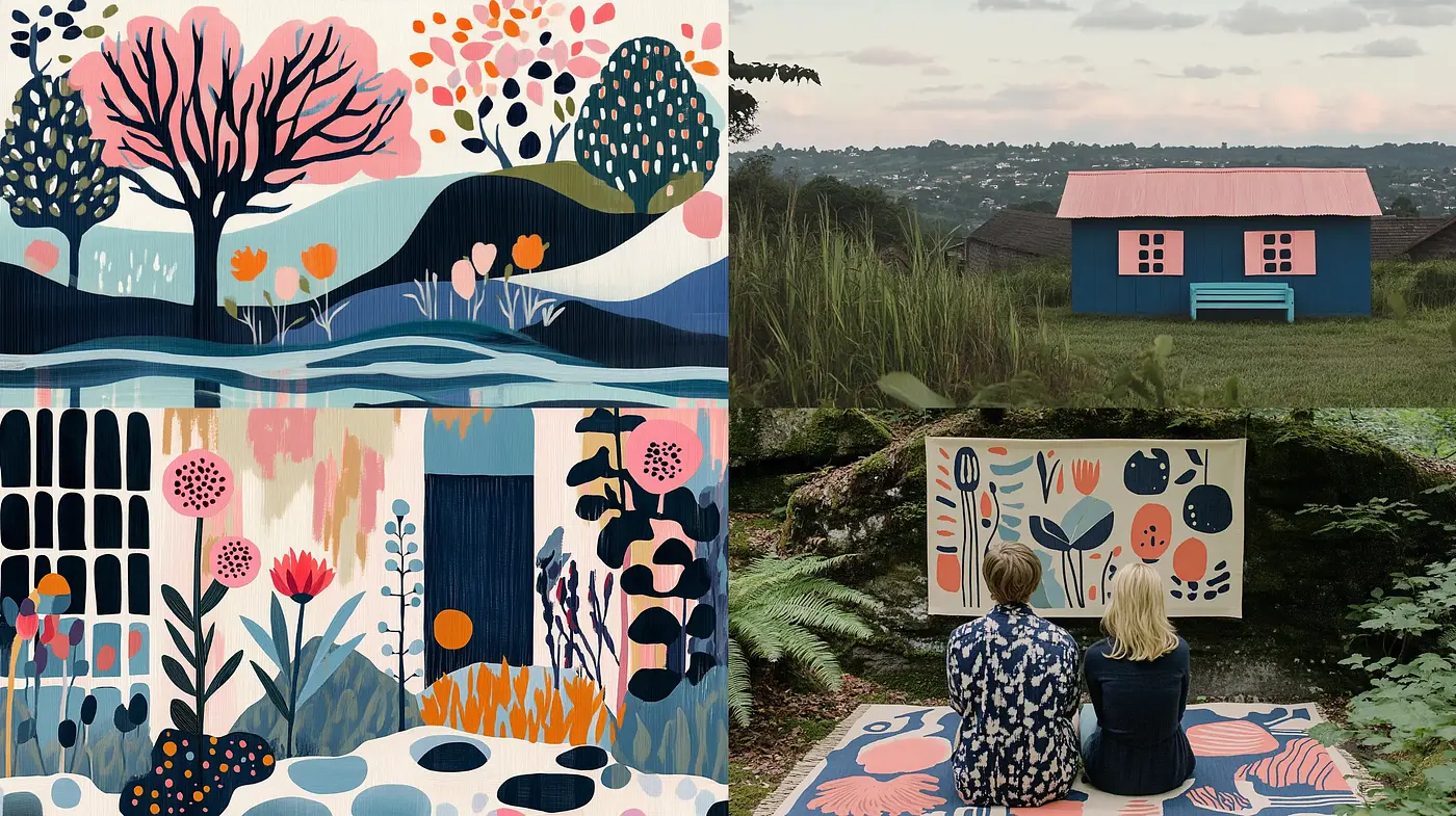Folk Art Inspired Pastoral Tableau with Contemporary Flair - Midjourney sref style