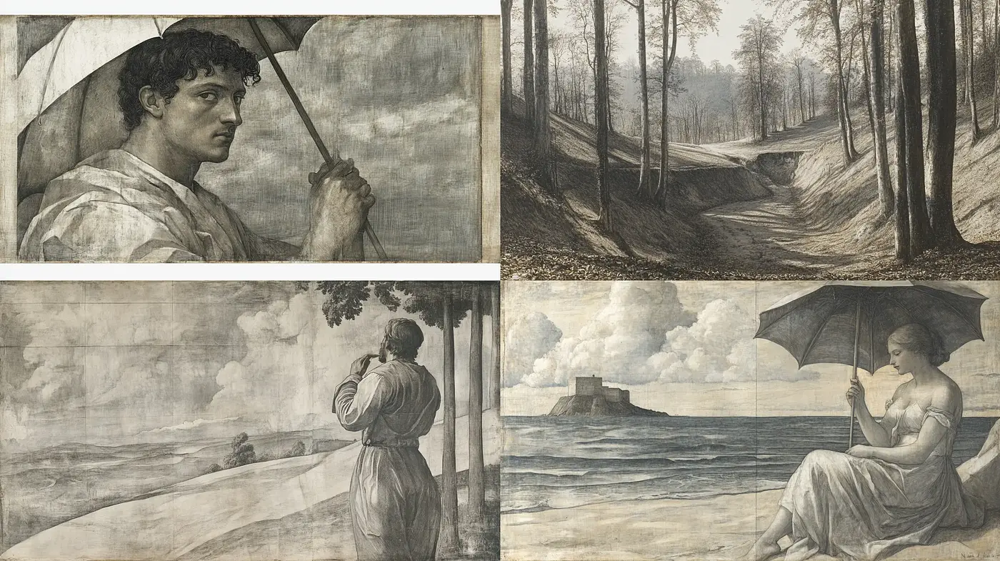 Monochromatic Renaissance Sketchbook - Midjourney sref style