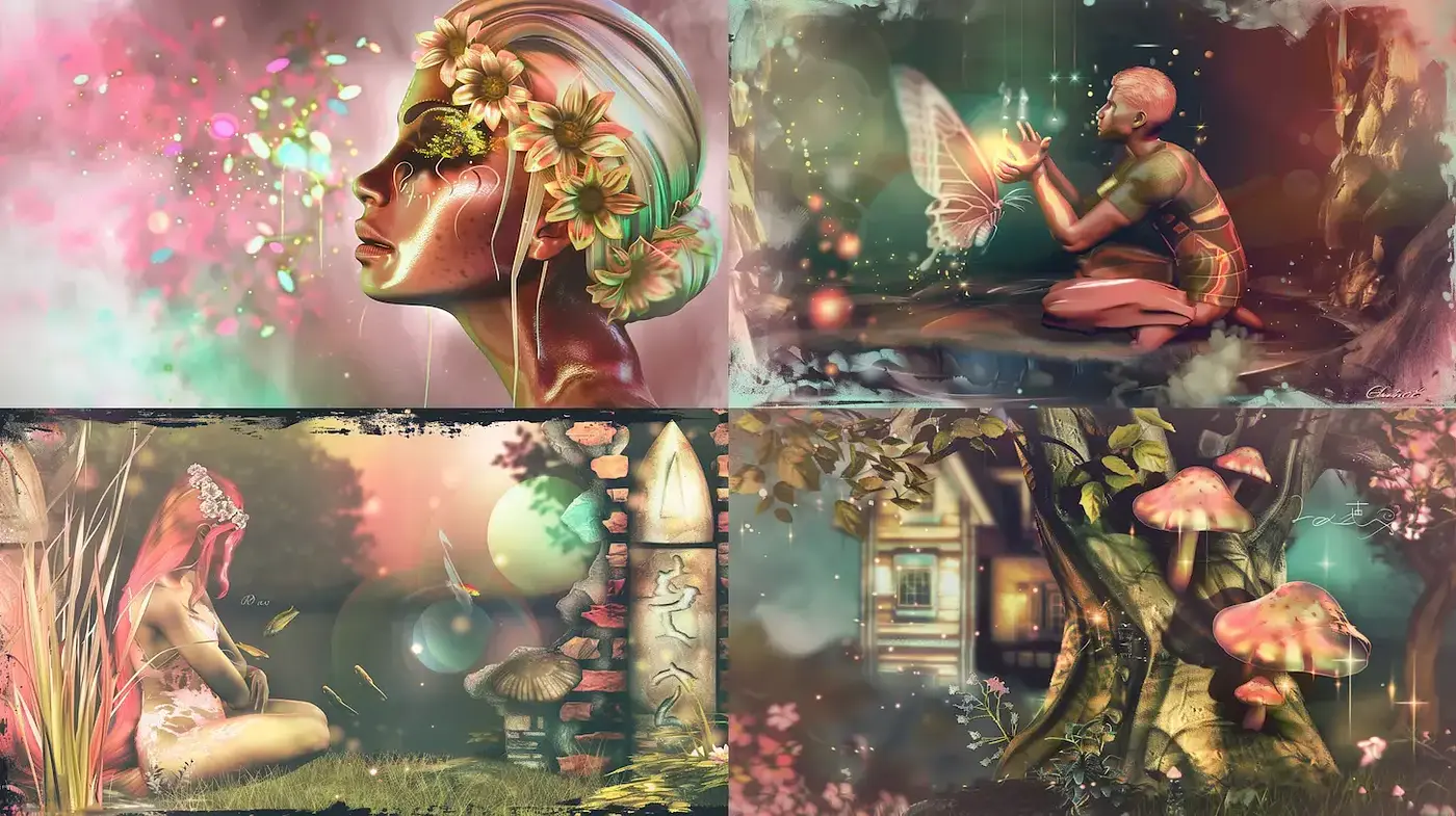 Whimsical Fantasy with Ethereal Elements and Nature Integration - Midjourney sref style