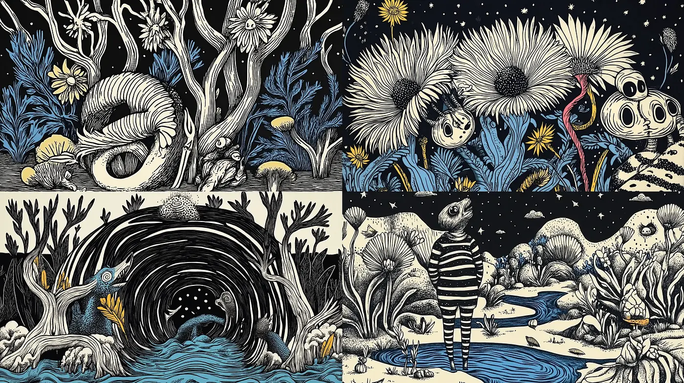 Monochrome Dreamscape in Woodcut Fantasy - Midjourney sref style