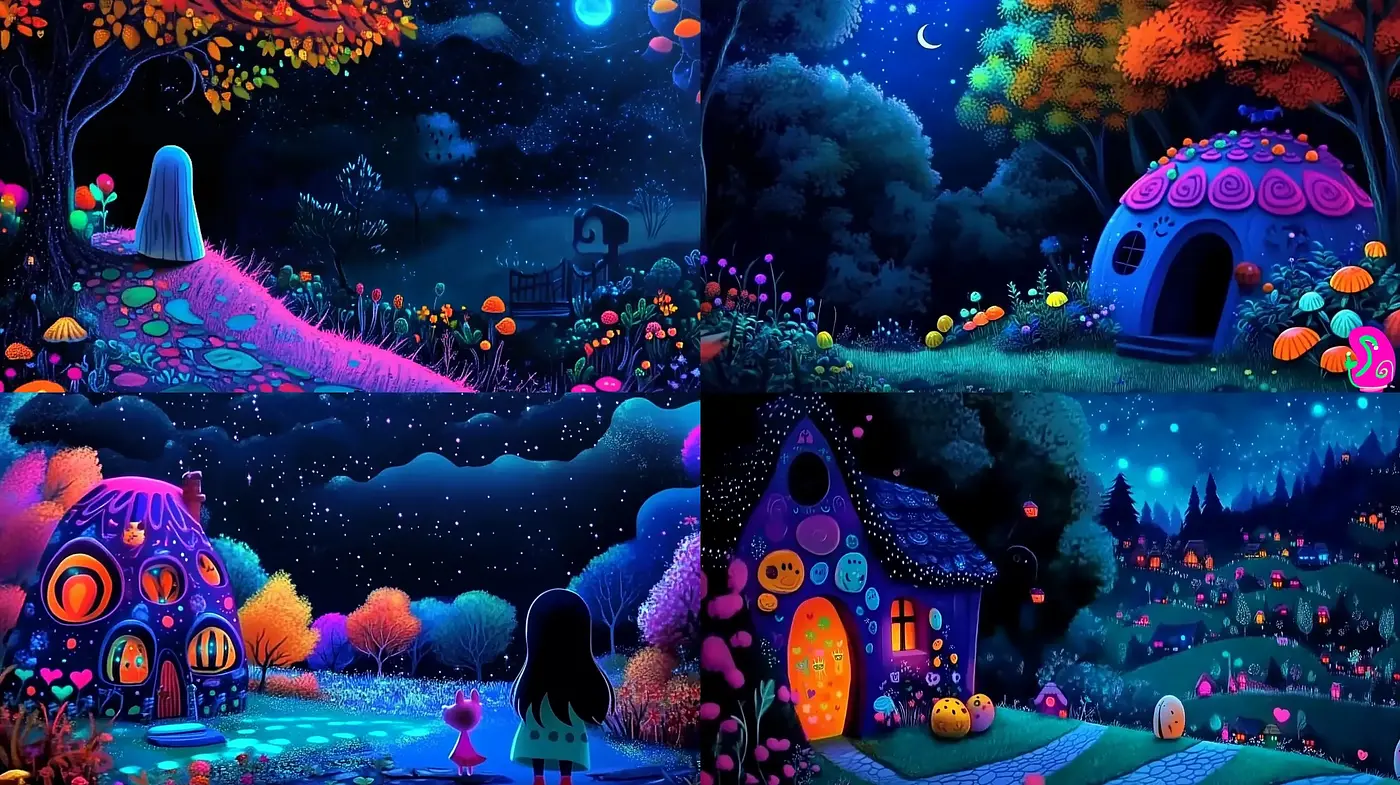 Enchanted Nocturnal Dreamscape with Vibrant Fairy Tale Textures - Midjourney sref style