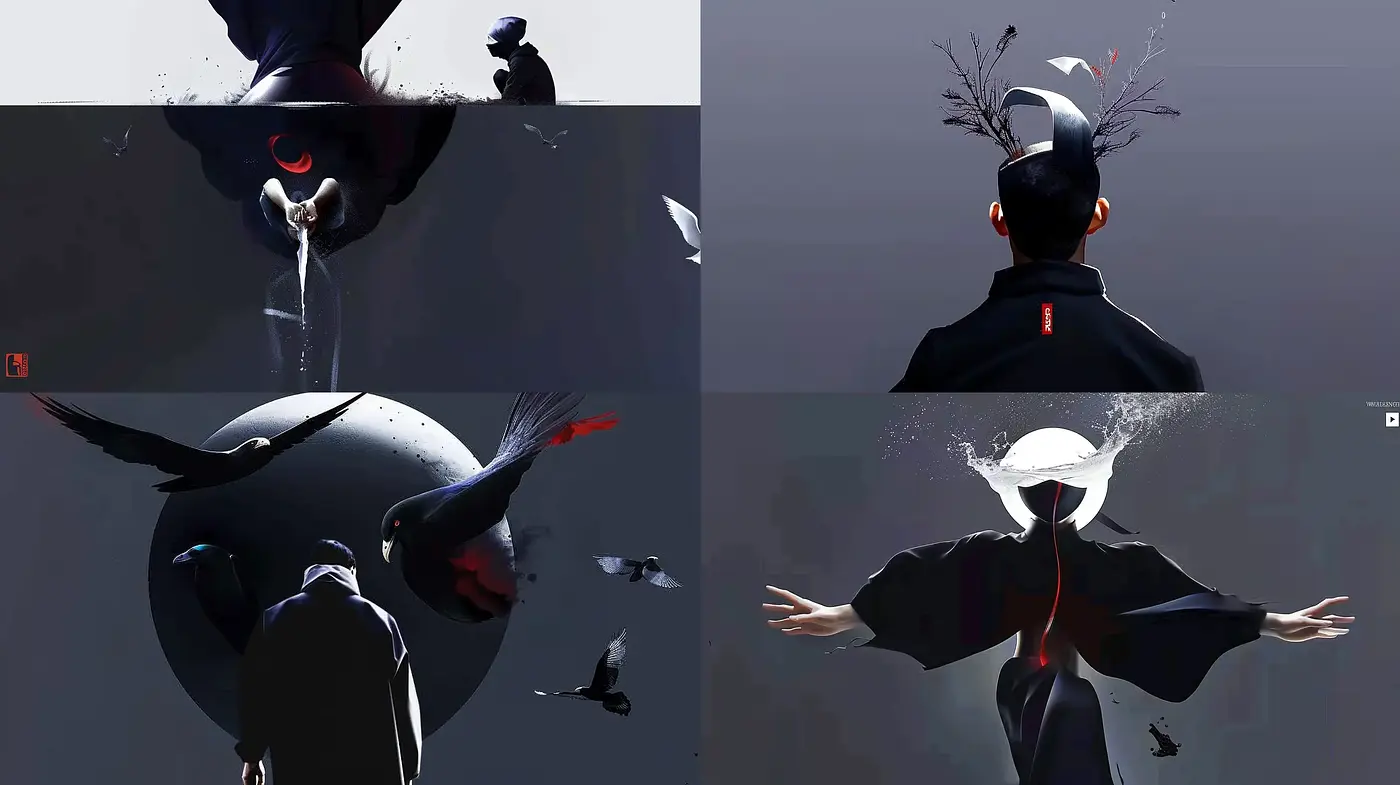 Ethereal Monochrome Dreamscape with Avian Motifs - Midjourney sref style