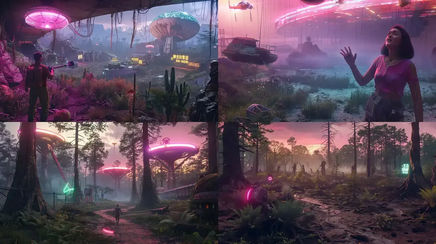 Futuristic Cyberpunk Landscapes Highlighting Vivid Neon and Surreal Environments - Midjourney sref style