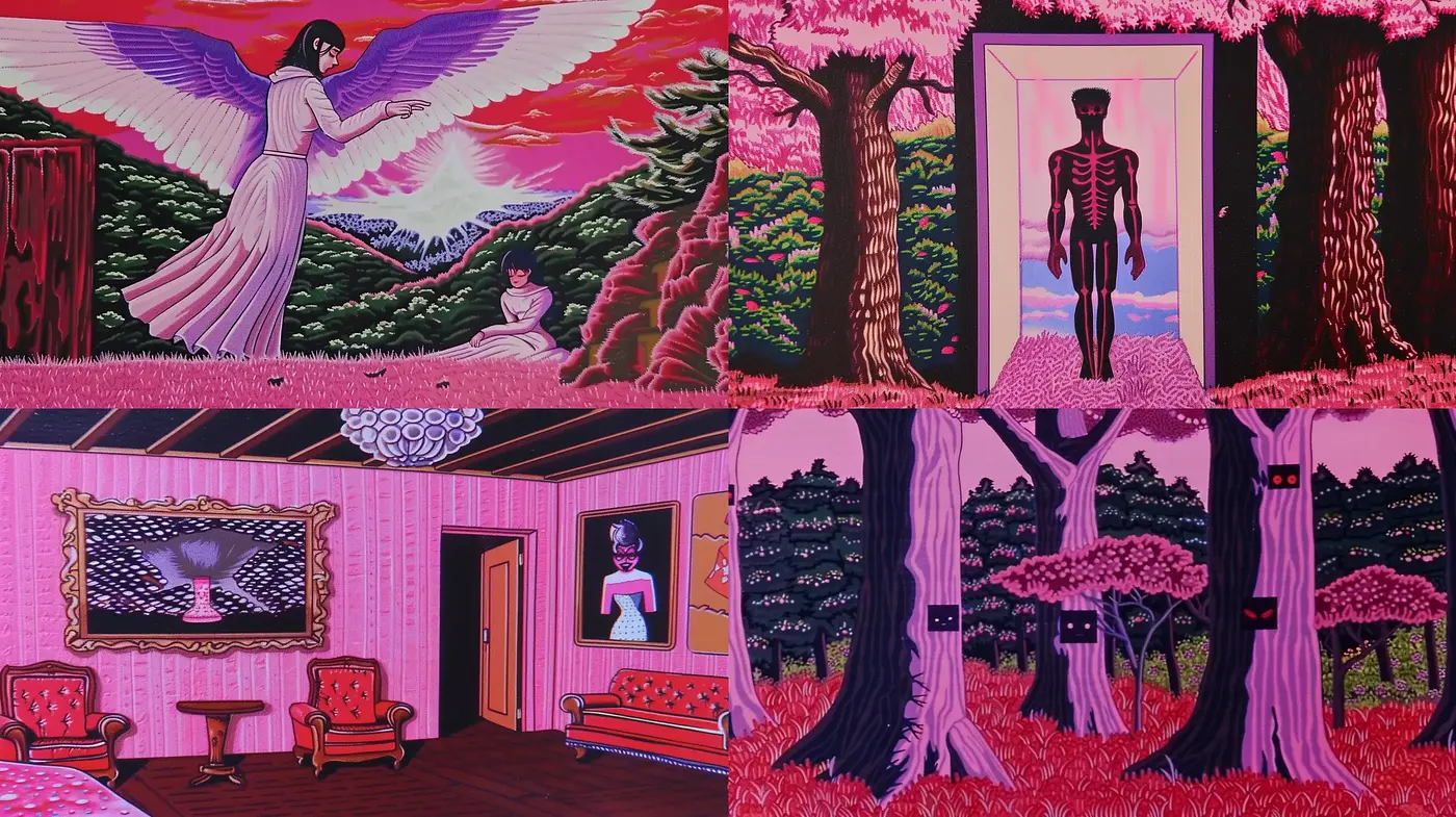 Surreal Magenta Dreamscape: A Fusion of Esoteric Imagery and Vibrant Color - Midjourney sref style